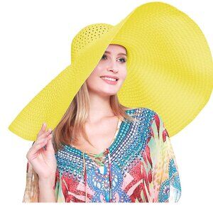 Super Size Wide Brim 10" Mustard Bright Yellow Floppy Straw Hat Wired Edge
